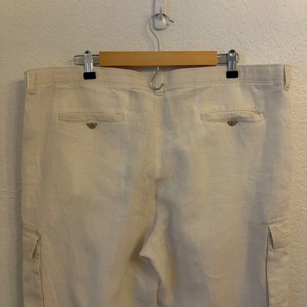 Tommy Bahama Linen Cargo Pants Men L 38 Cream Drawstring Relaxed Straight Safari